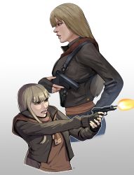 Rule 34 | 1girl, absurdres, aged up, ashley graham, blonde hair, brown eyes, brown hoodie, clenched teeth, commentary, english commentary, firing, francisco mon, gradient background, gun, highres, holding, holding gun, holding weapon, hood, hoodie, multiple views, resident evil, resident evil 4, teeth, weapon