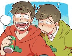 Rule 34 | 10s, 2boys, bad id, bad twitter id, beer can, blush, brothers, brown hair, can, drink can, drunk, hood, hoodie, laughing, looking at another, male focus, matsuno choromatsu, matsuno osomatsu, multiple boys, osomatsu-kun, osomatsu-san, osomatsu (series), sanjiro (tenshin anman), siblings, upper body, vomit