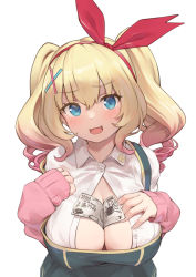Rule 34 | 1girl, :d, banknote, blonde hair, blouse, blue eyes, blush, breasts, character request, cleavage cutout, clothing cutout, dollar bill, fang, hands on own chest, highres, large breasts, long hair, long sleeves, looking at viewer, money, open clothes, open mouth, open shirt, rebutsu, shirt, sleeves past wrists, smile, twintails, virtual youtuber, white shirt
