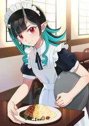 Rule 34 | 1girl, alternate costume, apron, black bow, black bowtie, black dress, black hair, blue hair, blunt bangs, blush, bow, bowtie, buren, chair, cherry tomato, closed mouth, commentary request, cowboy shot, curry, curry rice, demon girl, demon horns, dress, enmaided, expressionless, fang, fang out, flat chest, food, frilled apron, frills, highres, holding, holding tray, horns, indoors, long hair, looking at viewer, maid, maid apron, maid headdress, medium bangs, multicolored hair, nanashi inc., omelet, omurice, plate, pointy ears, puffy sleeves, red eyes, rice, shishio chris, short sleeves, solo, table, tomato, tray, two-tone hair, virtual youtuber, white apron, window
