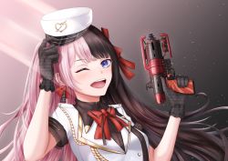Rule 34 | 1girl, absurdres, apex legends, b3 wingman, black gloves, black sweater, blue eyes, blush, bow, bow earrings, breasts, brown hair, dynr-cloly, earrings, gloves, gun, hair bow, handgun, highres, holding, holding gun, holding weapon, iris black games, jacket, jewelry, multicolored hair, one eye closed, pink hair, red bow, revolver, small breasts, solo, sweater, tachibana hinano (vtuber), two-tone hair, virtual youtuber, vspo!, weapon, white jacket