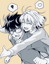 Rule 34 | 1boy, 1girl, :d, ^ ^, antenna hair, arcueid brunestud, blush, closed eyes, collared shirt, commentary request, couple, gakuran, glasses, greyscale, hair between eyes, heart, hetero, highres, hug, hug from behind, long sleeves, looking at another, medium hair, monochrome, nanase hr, open mouth, school uniform, shirt, short hair, sidelocks, simple background, smile, surprised, sweatdrop, sweater, tohno shiki, tsukihime, turtleneck, twitter username, upper body, white sweater, yellow background