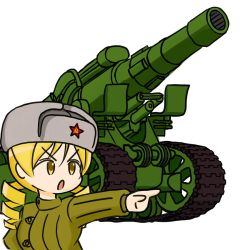 Rule 34 | &gt;:o, 10s, 1girl, :o, alternate costume, artillery, blonde hair, cannon, chibi, drill hair, female focus, hammer and sickle, mahou shoujo madoka magica, military, military uniform, open mouth, pointing, simple background, solo, soviet, star (symbol), tomoe mami, twin drills, uniform, ussr, v-shaped eyebrows, weapon, white background, yellow eyes