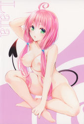 Rule 34 | 1girl, ahoge, arm up, armpits, blush, breasts, cleavage, collarbone, convenient censoring, demon tail, feet, green eyes, hair ornament, lala satalin deviluke, legs, long hair, looking at viewer, navel, nipples, nude, open mouth, pink hair, sitting, solo, tail, thighs, to love-ru, to love-ru darkness, toes, twintails, yabuki kentarou