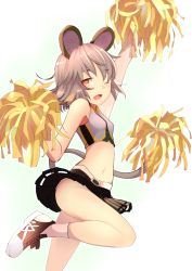 Rule 34 | 1girl, adapted costume, animal ears, arm up, bare arms, bare legs, bare shoulders, cheerleader, crop top, grey hair, highres, ishikkoro, midriff, miniskirt, mouse ears, navel, nazrin, one eye closed, open mouth, panties, pantyshot, pom pom (cheerleading), red eyes, shoes, skirt, smile, sneakers, solo, standing, standing on one leg, touhou, underwear, upskirt, white panties