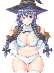 Rule 34 | 1girl, absurdres, alternate breast size, bad id, bad pixiv id, blue eyes, blue hair, blush, bow, bow bra, bow panties, bowtie, bra, braid, breasts, cleavage, clothes lift, hat, highres, large breasts, long hair, looking at viewer, mushoku tensei, navel, panties, plump, roxy migurdia, shirt lift, simple background, skindentation, solo, thighhighs, thighs, tong shui, twin braids, underwear, white panties, wizard hat