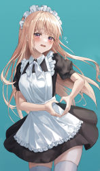 Rule 34 | 1girl, apron, black dress, blonde hair, blush, bow, bowtie, cowboy shot, dress, flying sweatdrops, frilled apron, frills, green background, hare (hare 1730), heart, heart hands, highres, long hair, looking at viewer, maid, maid headdress, moe moe kyun!, open mouth, original, pink eyes, puffy short sleeves, puffy sleeves, short sleeves, simple background, solo, tearing up, thighhighs, white apron, white bow, white bowtie, white thighhighs