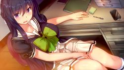 Rule 34 | 1girl, arm rest, black hair, blush, bow, bowtie, braid, breasts, cellphone, chair, desk, embarrassed, french braid, game cg, green bow, green bowtie, hair between eyes, highres, hinasaki you, hitotsu ane no tsubasa no shita de, jinno nahoko, large breasts, long hair, looking at viewer, non-web source, official art, open mouth, phone, pleated skirt, purple eyes, school uniform, short sleeves, sitting, skirt, solo