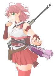Rule 34 | 1girl, ahoge, armpits, bag, bare shoulders, belt, belt buckle, breasts, buckle, cherry blossom print, cherry blossoms, cleavage cutout, clothing cutout, detached sleeves, floral print, flower, green eyes, gun, hair ornament, highres, hololive, imokenpi0916, looking at viewer, miniskirt, nail polish, nontraditional miko, pink hair, pink nails, sakura miko, shotgun, side ponytail, skirt, solo, thighhighs, virtual youtuber, weapon, white background, zettai ryouiki
