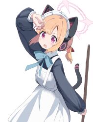 Rule 34 | 1girl, absurdres, animal ear headphones, animal ears, apron, arm up, black dress, blonde hair, blue archive, blue bow, blue bowtie, blush, bow, bowtie, cat ear headphones, cowboy shot, dress, fake animal ears, fake tail, hair bow, halo, hand on own head, headphones, highres, holding, holding mop, long sleeves, looking at viewer, maid apron, maid headdress, momoi (blue archive), momoi (maid) (blue archive), mop, official alternate costume, open mouth, penguin potof, pink eyes, pink halo, red bow, short hair, solo, sweatdrop, tail, white apron, white background