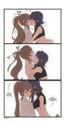 Rule 34 | 2girls, ahoge, anyacchi, artist name, blue hair, blush, bow, bow earrings, breasts, brown hair, ear blush, earrings, english text, closed eyes, feather hair ornament, feathers, french kiss, hair ornament, highres, hololive, hololive english, jewelry, kiss, licking, licking another&#039;s neck, long hair, multiple girls, nanashi mumei, ouro kronii, ponytail, tongue, virtual youtuber, yuri
