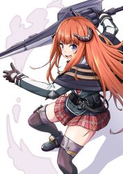 Rule 34 | 1girl, :d, arknights, bagpipe (arknights), black capelet, black footwear, blue eyes, brown gloves, brown thighhighs, capelet, commentary request, curled horns, gloves, grey jacket, highres, holding, holding weapon, horns, jacket, lance, long hair, long sleeves, looking at viewer, open mouth, orange hair, panikuru yuuto, plaid, plaid skirt, pleated skirt, polearm, red skirt, shoes, skirt, sleeves past wrists, smile, smoke, solo, thighhighs, very long hair, weapon, white background