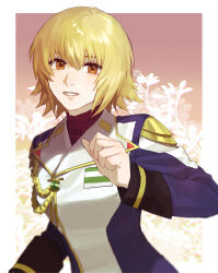 Rule 34 | 1girl, aiguillette, blonde hair, border, cagalli yula athha, clenched hand, commentary request, floral background, grin, gundam, gundam seed, gundam seed destiny, hand up, highres, jacket, long sleeves, looking at viewer, military jacket, multicolored clothes, multicolored jacket, outside border, short hair, smile, solo, ususio 11, white border, yellow eyes