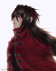 Rule 34 | 1boy, andrv meda, bad id, bad twitter id, black hair, cape, cloak, final fantasy, final fantasy vii, headband, highres, long hair, looking up, messy hair, pale skin, red cape, red cloak, red eyes, red headband, smile, turban, vincent valentine, white background