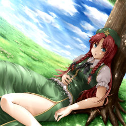 Rule 34 | 1girl, bad id, bad pixiv id, blue eyes, bow, braid, chinese clothes, cloud, dappled sunlight, female focus, flower, grass, hair bow, hat, hong meiling, long hair, mochi.f, red hair, shade, sitting, sky, solo, sunlight, embodiment of scarlet devil, touhou, tree, twin braids