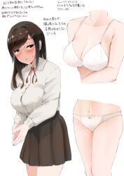 Rule 34 | 1girl, :o, black hair, black skirt, blush, bow, bow panties, bra, breasts, cleavage, commentary request, cropped torso, crotch seam, dress shirt, glasses, hair ornament, hairclip, half-closed eyes, highres, jimiko, large breasts, long hair, long sleeves, miniskirt, multiple views, navel, neck ribbon, original, own hands together, panties, parted lips, partial commentary, pleated skirt, red ribbon, ribbon, rimless eyewear, school uniform, shirt, skirt, sweatdrop, swept bangs, translation request, underwear, white background, white bra, white panties, white shirt, yamabukiiro (browncat)