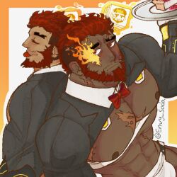 Rule 34 | 2boys, :p, abs, back-to-back, bara, bare pectorals, beard, blush, bulge peek, dark-skinned male, dark skin, envysoda, eyebrow cut, facial hair, flaming eye, from above, hephaestus (housamo), holding, holding tray, jitome, large pectorals, looking at viewer, male focus, mature male, multiple boys, muscular, muscular male, mustache stubble, navel, nipples, official alternate costume, pectorals, red eyes, scar, scar on chest, short hair, shrug (clothing), stomach, stubble, talos (housamo), thick eyebrows, tokyo houkago summoners, tongue, tongue out, tray, upper body, very dark skin