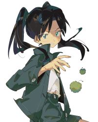 Rule 34 | 1girl, amasawa yuuko, black hair, buttons, clenched teeth, creature, dennou coil, green eyes, highres, hirari in, jacket, long hair, midriff peek, no pupils, open clothes, open jacket, parted lips, safety glasses, teeth, twintails, white eyes