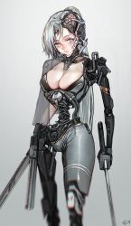 Rule 34 | 1girl, absurdres, amputee, android, breasts, chromatic aberration, cleavage, closed mouth, cyborg, damaged, dual wielding, exposed brain, gradient background, grey background, gun, highres, holding, holstered, iuui, large breasts, long hair, looking at viewer, mechanical parts, mechanization, mismatched pupils, no pupils, original, ponytail, solo, triple amputee, variant set, weapon, white hair