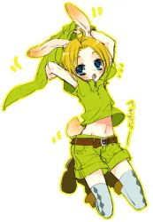 Rule 34 | 1boy, androgynous, animal ears, blonde hair, blue eyes, blush, boots, bunny hood (zelda), hat, kneeling, link, male focus, mitsubachi koucha, nintendo, rabbit ears, rabbit tail, shorts, simple background, solo, tail, the legend of zelda, thighhighs, trap