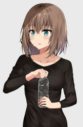 Rule 34 | 1girl, aqua eyes, asato (fadeless), bang dream!, black shirt, bottle, brown hair, collarbone, commentary request, grey background, highres, holding, holding bottle, long sleeves, medium hair, open mouth, shirt, simple background, solo, sweat, upper body, water bottle, yamato maya