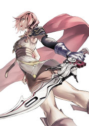 Rule 34 | 1girl, absurdres, asymmetrical hair, bad id, bad pixiv id, cape, elbow gloves, final fantasy, final fantasy xiii, gloves, gunblade, highres, kneepits, lightning farron, looking at viewer, open mouth, pink hair, shoulder pads, simple background, single glove, snowcat., solo, sword, weapon, white background