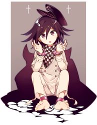 Rule 34 | 1boy, 4 (nakajima4423), barefoot, bdsm, bondage, bound, cape, checkered clothes, checkered scarf, commentary request, cross, cuffs, danganronpa (series), danganronpa v3: killing harmony, dot nose, feet, hair between eyes, handcuffs, hat, highres, jacket, long sleeves, looking at viewer, male focus, medium hair, no shoes, open mouth, oma kokichi, peaked cap, purple eyes, purple hair, restrained, scarf, simple background, soles, solo, straitjacket, toes, torn clothes, uniform, white jacket, white legwear