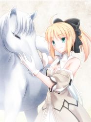 Rule 34 | 1girl, ahoge, artoria pendragon (all), artoria pendragon (fate), black bow, blonde hair, bow, breasts, cleavage, closed mouth, detached collar, detached sleeves, dress, fate/unlimited codes, fate (series), gloves, green eyes, hair bow, highres, horse, long hair, medium breasts, ponytail, saber lily, shoori (migiha), sleeveless, sleeveless dress, smile, solo, standing, strapless, strapless dress, white background, white dress, white gloves, white sleeves