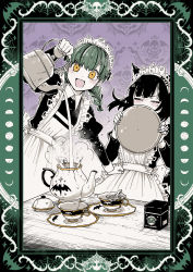 Rule 34 | :d, absurdres, animal ears, animal print, apron, bat print, black hair, blush, border, box, braid, cat ears, cat girl, closed eyes, covering own mouth, cup, dress, fingernails, green hair, hgr (higure), highres, holding, holding kettle, holding tray, ivy (kaibutsu maid), juliet sleeves, kaibutsu maid no kareinaru oshigoto, kettle, long fingernails, long hair, long sleeves, looking at viewer, maid, maid headdress, moon phases, object through head, open mouth, parted bangs, pouring, puffy sleeves, saucer, screw in head, smile, strainer, sumire (kaibutsu maid), sweat, table, tea, tea strainer, teacup, teapot, tray, twin braids, yellow eyes