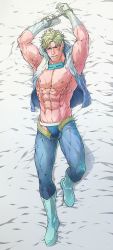 Rule 34 | 1boy, abs, artist name, bara, bed, blonde hair, blue eyes, blue male underwear, blue pants, blue vest, blush, boots, captain cold (dc), clothes lift, dakimakura (medium), dc comics, evinist, gloves, goggles, goggles around neck, highres, hood, hood down, hooded vest, hoodie, jockstrap, justice league, large pectorals, leonard snart, lying, male focus, male underwear, muscular, muscular male, navel, nipples, on back, on bed, open clothes, open fly, open vest, pants, pectorals, short hair, solo, underwear, unzipped, vest, white gloves, white vest, zipper, zipper pull tab