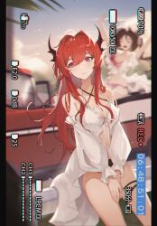 Rule 34 | 2girls, absurdres, arknights, bikini, black horns, blurry, breasts, car, character request, cleavage, closed mouth, commentary, criss-cross halter, depth of field, eyjafjalla (arknights), eyjafjalla (summer flower) (arknights), hair between eyes, halterneck, highres, horns, long hair, long sleeves, looking afar, medium breasts, motor vehicle, multiple girls, official alternate costume, outdoors, purple eyes, recording, red hair, surtr (arknights), surtr (colorful wonderland) (arknights), swimsuit, swimsuit cover-up, szh---, thigh strap, viewfinder, white bikini