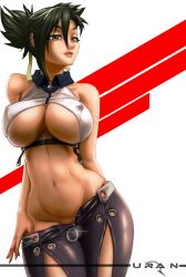 Rule 34 | 1girl, artist name, bakuretsu tenshi, black hair, breasts, clothes pull, curvy, denim, grey eyes, highres, jeans, large breasts, legs, midriff, navel, panties, pants, pants pull, panty pull, ponytail, pulling own clothes, red lips, seductive smile, sei (bakuretsu tenshi), smile, solo, thick thighs, thighs, thong, toned, unbuttoned pants, underboob, underwear, unzipped, wide hips