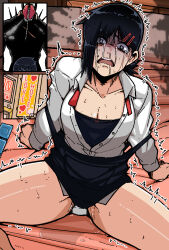 Rule 34 | 1boy, 1girl, apron, black apron, black hair, breasts, chainsaw, chainsaw devil, chainsaw man, cleavage, collared shirt, condom, crying, crying with eyes open, hair ornament, hairclip, higashiyama kobeni, highres, imminent rape, love hotel, mark gavatino, medium breasts, on bed, partially unbuttoned, partially undressed, pee, peeing, peeing self, saliva, scared, shaded face, shirt, short hair, short ponytail, single sidelock, sitting, spread legs, sweat, swept bangs, tears, twitching, wet, white shirt