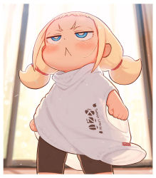 Rule 34 | :&lt;, black shorts, blonde hair, blue eyes, blurry, blurry background, blush, border, child, clenched hands, closed mouth, commentary, dot nose, english commentary, forehead, indoors, kozato (yu kozato), legs apart, light particles, little blonde girl (kozato), original, shirt, short twintails, shorts, thick eyebrows, twintails, white border, white shirt