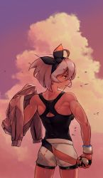 Rule 34 | 1girl, 2049 (hh5566), bad id, bad pixiv id, bea (pokemon), black bodysuit, black hairband, bodysuit, bodysuit under clothes, bow hairband, cloud, commentary request, creatures (company), dynamax band, falling leaves, from behind, game freak, gloves, grey hair, hairband, hand up, holding, holding clothes, holding jacket, holding poke ball, jacket, leaf, looking to the side, nintendo, outdoors, parted lips, partially fingerless gloves, poke ball, pokemon, pokemon swsh, print shirt, shirt, short hair, shorts, sky, solo, wet