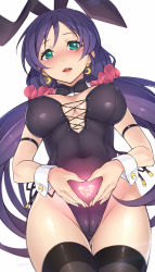 Rule 34 | 10s, 1girl, animal ears, aqua eyes, arm strap, black thighhighs, blush, breasts, cameltoe, covered erect nipples, detached collar, earrings, fake animal ears, heart, heart-shaped pupils, heart hands, highleg, highleg leotard, highres, jewelry, large breasts, leotard, long hair, looking at viewer, love live!, love live! school idol project, low twintails, makita (twosidegekilove), parted lips, playboy bunny, purple hair, rabbit ears, scrunchie, simple background, solo, symbol-shaped pupils, thighhighs, tojo nozomi, twintails, very long hair, wrist cuffs