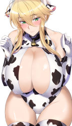 Rule 34 | 1girl, animal ears, animal print, artoria pendragon (fate), artoria pendragon (lancer) (fate), bare shoulders, bell, blonde hair, blush, braid, breasts, cleavage, cleavage cutout, clothing cutout, collar, cow ears, cow horns, cow print, elbow gloves, fate/grand order, fate (series), french braid, gloves, green eyes, hair between eyes, heattech leotard, horns, huge breasts, kumakichi (cost-lost), leotard, long hair, looking at viewer, neck bell, sidelocks, simple background, smile, solo, thick thighs, thighhighs, thighs, turtleneck, white background, white gloves, white leotard, white thighhighs
