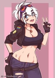 Rule 34 | 1girl, absurdres, black gloves, blue eyes, breasts, caffeccino, cleavage, copyright request, cowboy shot, fingerless gloves, gloves, goggles, goggles on head, hand on own hip, highres, jewelry, large breasts, midriff, navel, necklace, open mouth, pants, rainbow flag, smile, smiley face, solo, standing, torn clothes, torn pants, twitter username, w, white hair