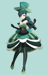 Rule 34 | 1girl, bare shoulders, battle chatelaine, black gloves, blush, breasts, cleavage, closed mouth, commentary, creatures (company), elbow gloves, full body, game freak, gloves, green background, green footwear, green hair, green hat, hat, long hair, looking at viewer, morgan (pokemon), nintendo, pokemon, pokemon xy, shoes, smile, solo, top hat, tsukishiro saika