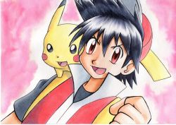 Rule 34 | 1boy, :d, baseball cap, black hair, black shirt, clenched hand, commentary request, creatures (company), game freak, gen 1 pokemon, hair between eyes, hand up, hat, highres, jacket, looking at viewer, male focus, nintendo, oka mochi, on shoulder, open mouth, pika (pokemon), pikachu, pink background, pokemon, pokemon (creature), pokemon adventures, pokemon on shoulder, popped collar, red (pokemon), red eyes, red headwear, red jacket, shirt, short hair, sleeveless, sleeveless jacket, smile, spiked hair, t-shirt, tongue, traditional media