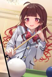 Rule 34 | 1girl, @ @, ahoge, ball, billiard ball, billiards, blush, bow, bowtie, brown hair, collared shirt, commentary request, cue stick, drill hair, grey jacket, highres, holding, holding cue stick, indoors, jacket, long hair, long sleeves, looking at viewer, open mouth, original, red bow, red bowtie, red eyes, shirt, solo, summer tail720, sweatdrop, white shirt
