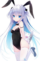 Rule 34 | 1girl, absurdres, aisu mint, animal ears, arm behind back, bandaid, bandaid on leg, bare shoulders, black bow, black bowtie, black footwear, black leotard, blue eyes, bow, bowtie, breasts, covered navel, detached collar, expressionless, fake animal ears, groin, high heels, highres, leg lift, leg up, leotard, long hair, looking at viewer, muku (apupop), original, playboy bunny, rabbit ears, shoes, silver hair, simple background, small breasts, solo, standing, standing on one leg, strapless, strapless leotard, stuffed toy, thighhighs, thighs, tray, two side up, very long hair, white background, white thighhighs