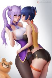 Rule 34 | 2girls, ^ ^, arduina (artist), ass, bare shoulders, black pantyhose, blue hair, blush, bow, braid, breasts, china dress, chinese clothes, closed eyes, double bun, dress, eye contact, face-to-face, genshin impact, guoba (genshin impact), hair bow, hair bun, hair ornament, heart, highres, keqing (genshin impact), large breasts, lips, long hair, looking at another, medium breasts, multiple girls, panda, panties, pantyhose, paw print, purple eyes, purple hair, see-through, short hair, short shorts, shorts, sideboob, single hair bun, symbol-shaped pupils, twin braids, underwear, xiangling (genshin impact)