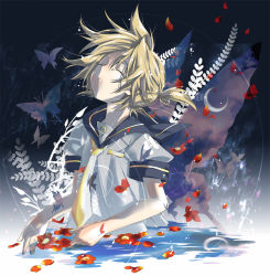 Rule 34 | 1boy, blonde hair, bug, butterfly, closed eyes, hekicha, insect, kagamine len, male focus, moon, necktie, petals, short hair, solo, vocaloid, water, yellow necktie