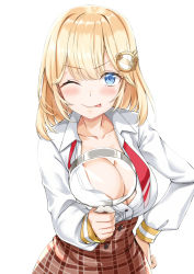Rule 34 | 1girl, blue eyes, blush, breasts, brown skirt, cleavage, closed mouth, collarbone, collared shirt, commentary, cowboy shot, dress shirt, gear hair ornament, hand on own hip, holding, holding magnifying glass, hololive, hololive english, kosuke (bb), long sleeves, looking at viewer, magnification, magnifying glass, medium breasts, necktie, one eye closed, partially unbuttoned, plaid, plaid skirt, red necktie, shirt, shirt tucked in, short hair, simple background, skirt, smile, solo, symbol-only commentary, tongue, tongue out, tsurime, undone necktie, virtual youtuber, watson amelia, white background, white shirt, wing collar