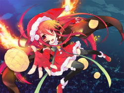 Rule 34 | 00s, 1girl, alastor (shakugan no shana), bell, bread, cape, fiery wings, fingerless gloves, fire, flying, food, gloves, hat, jewelry, long hair, melon bread, outstretched hand, pendant, red eyes, red hair, ribbon, santa costume, santa hat, shakugan no shana, shana, solo, tachitsu teto, thighhighs, wings, zettai ryouiki