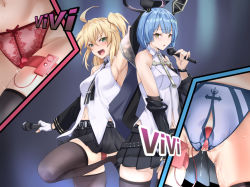 Rule 34 | admiral hipper (azur lane), admiral hipper (muse) (azur lane), azur lane, belt, black belt, black skirt, black thighhighs, blonde hair, blouse, blue hair, blue panties, breasts, egg vibrator, fingerless gloves, gascogne (azur lane), gascogne (muse) (azur lane), gloves, green hair, hand up, headgear, holding, holding microphone, long hair, looking at viewer, medium breasts, medium hair, microphone, moroheiya (moroheiya-works), navel, open mouth, panties, pleated skirt, red panties, sex toy, shirt, skindentation, skirt, sleeveless, sleeveless shirt, thigh strap, thighhighs, thighs, underwear, vibrator, vibrator under clothes, vibrator under panties, white gloves, white shirt, yellow eyes