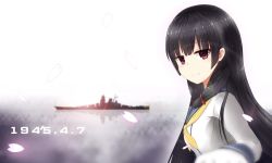Rule 34 | 10s, 1945, 1girl, anniversary, black hair, blurry, blush, breasts, dated, depth of field, driftkingtw, from side, gloves, hair ribbon, highres, isokaze (kancolle), kantai collection, lens flare, long hair, long sleeves, looking at viewer, looking to the side, neckerchief, petals, red ribbon, ribbon, sad smile, school uniform, serafuku, ship, silhouette, small breasts, solo, tears, tress ribbon, upper body, watercraft, white gloves, yamato (battleship), yellow neckerchief