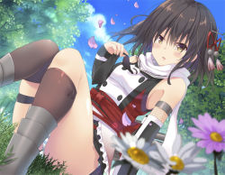 Rule 34 | 10s, 1girl, asymmetrical legwear, bare shoulders, black hair, black necktie, black skirt, blue panties, blue sky, blurry, blush, boots, bow, breasts, brown eyes, brown socks, buttons, day, fishnet fabric, flower, foreshortening, frills, grass, grey footwear, hair between eyes, hair ornament, kantai collection, kneehighs, long sleeves, looking at viewer, necktie, outdoors, over-kneehighs, panties, pantyshot, parted lips, plant, red bow, red shirt, sailor collar, sash, scarf, sendai (kancolle), sendai kai ni (kancolle), shirt, short hair, sideboob, sitting, skirt, sky, sleeveless, sleeveless shirt, small breasts, socks, solo, striped clothes, striped panties, takanashi haruto, thighhighs, thighs, tree, underwear, uneven legwear, white scarf