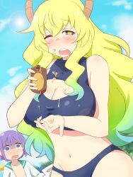 Rule 34 | 10s, 1boy, 1girl, ;o, age difference, beach, bikini, black bikini, blonde hair, blush, breasts, cleavage, cleavage cutout, clothing cutout, cloud, day, dragon girl, dragon horns, girl on top, gradient hair, heterochromia, horns, kobayashi-san chi no maidragon, large breasts, long hair, looking at viewer, lotion, lying, magatsuchi shouta, midriff, multicolored hair, navel, one eye closed, open clothes, open mouth, outdoors, purple eyes, purple hair, lucoa (maidragon), sexually suggestive, sky, standing, swimsuit, wide-eyed